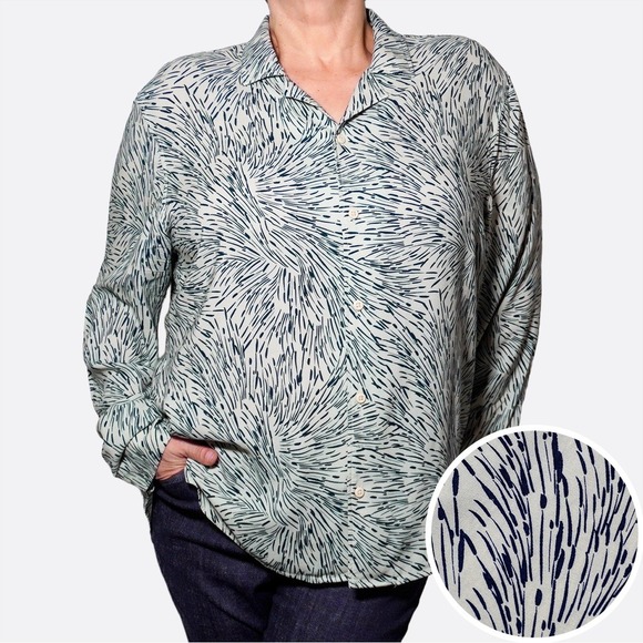 Abound Tops - Abstract Print Pure Viscose‎ Button Down Shirt Plus Size 1X XL Pale Mint Navy